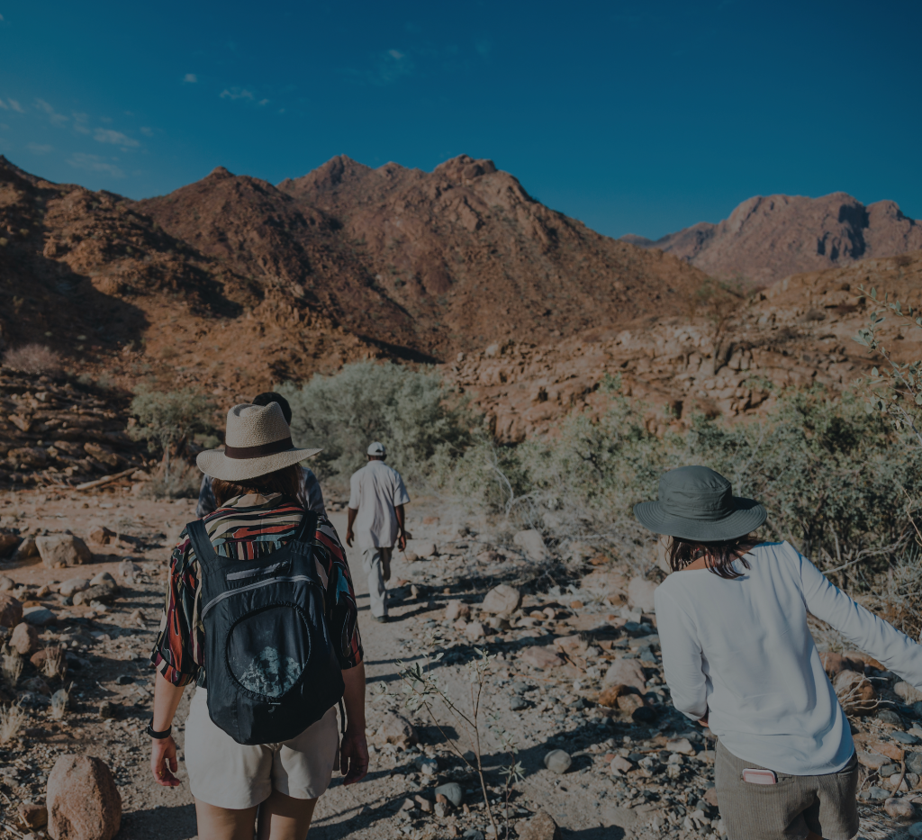 A group of hikers walk along a mountain path.